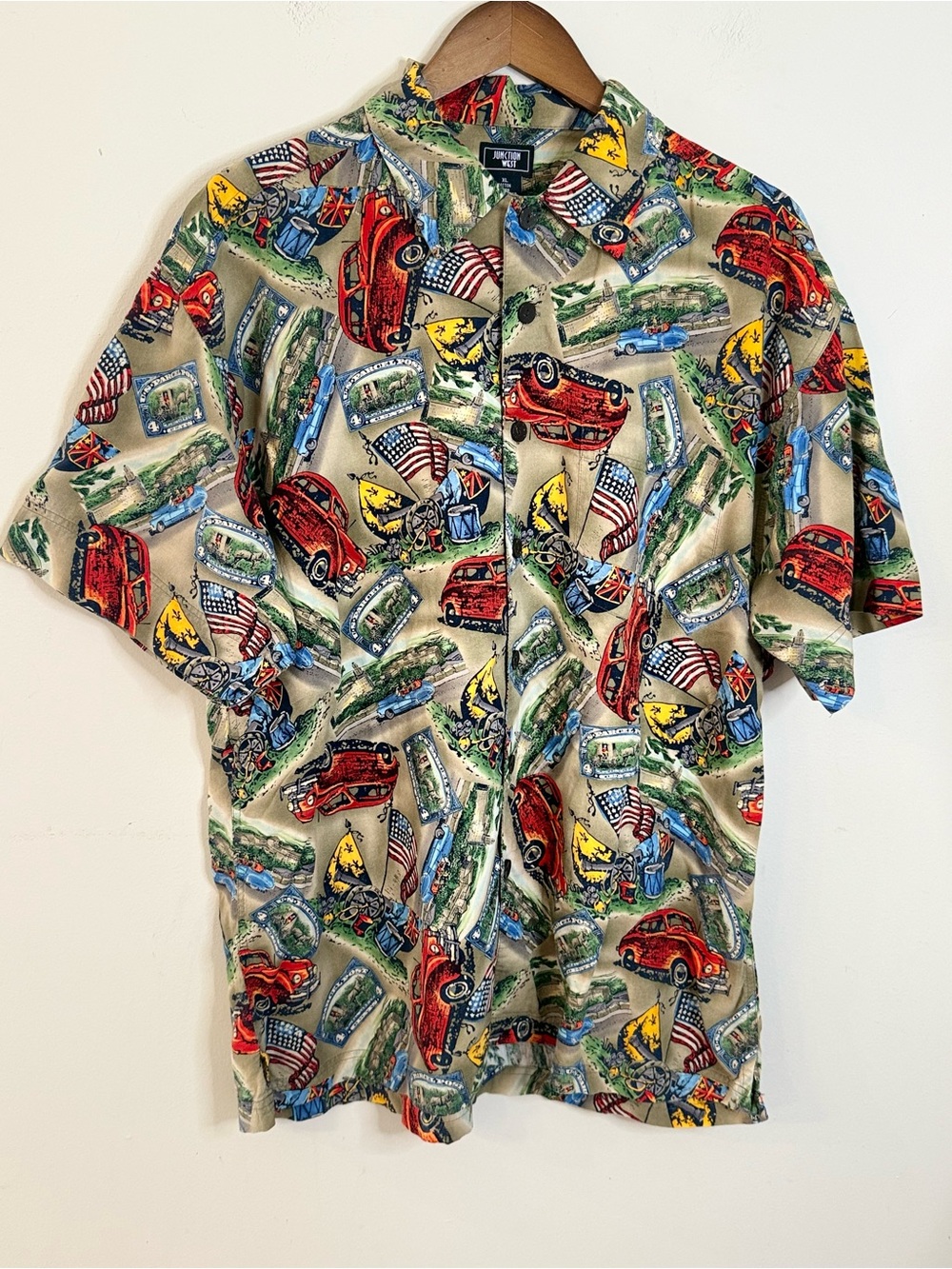 Junction West vintage cars & USA flags button up short sleeve shirt XL